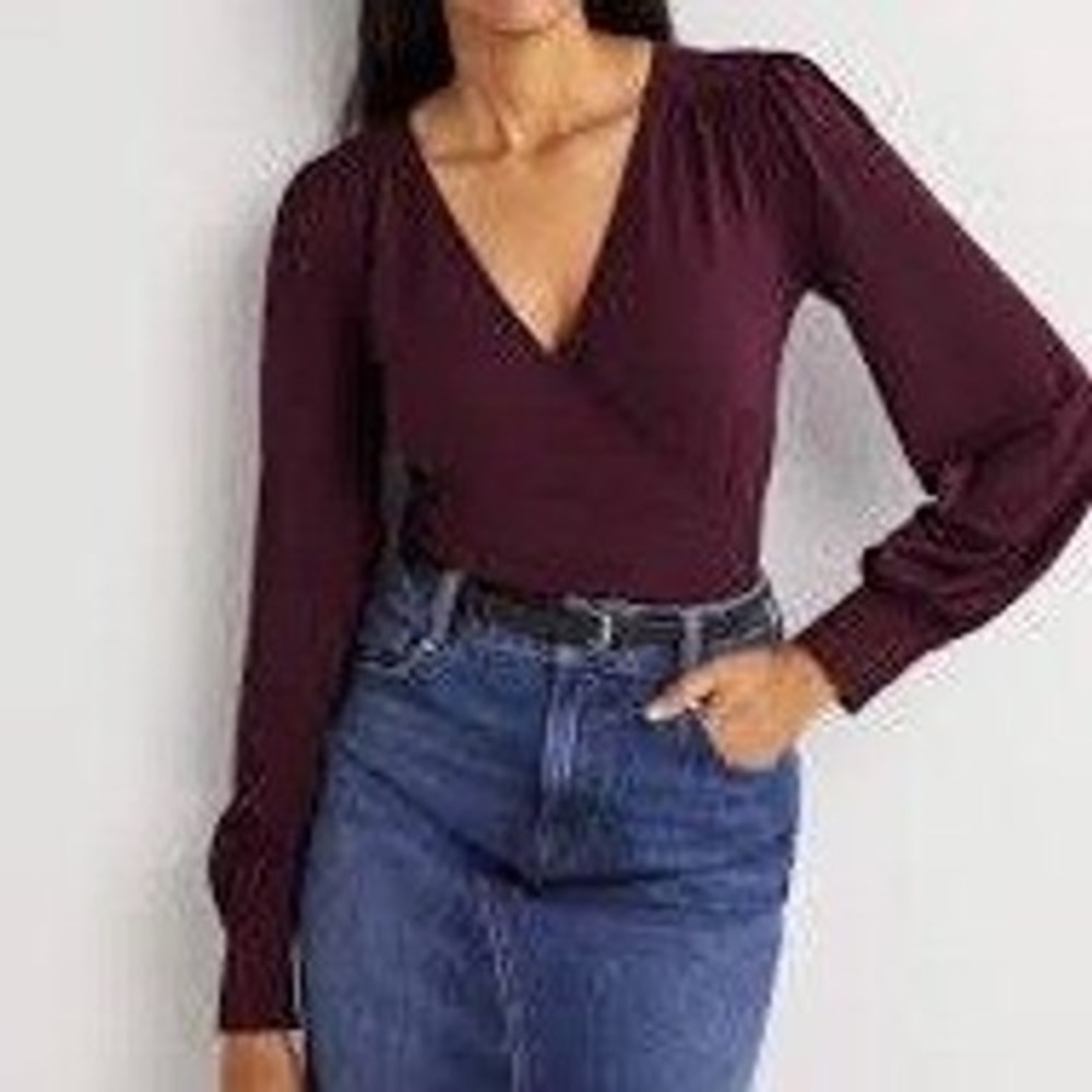 Boden Blouson Wrap Top Women 8 Burgundy Long Sleeve Blouse Minimalist Romantic
